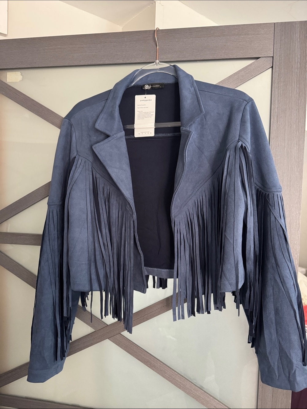 PRETTYGARDEN Navy Blue FAUX Suede Fringe Western Jacket Size Large NWT - Picture 1 of 11